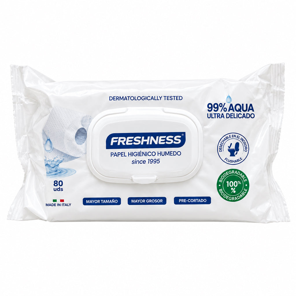 Freshness Papel Higiénico Húmedo 99% Aqua Ultra Delicado 80 Unidades Mayor Tamaño y Grosor 100% Biodegradable y Desechable
