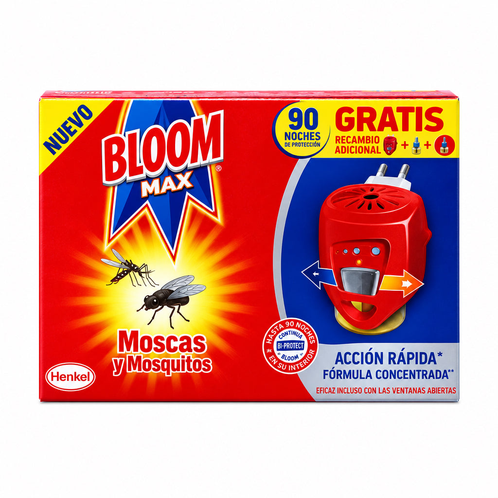 Bloom Max Aparato Eléctrico Moscas y Mosquitos 90 Noches con Recambio Adicional Gratis