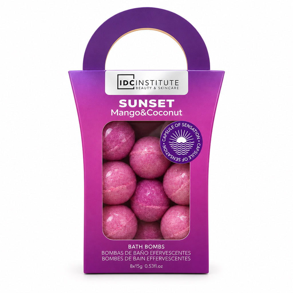 IDC Institute Sunset Mango & Coconut Bombas de Baño Efervescentes Pack de 8 Unidades Aroma a Mango y Coco Relax y Cuidado Personal 8x15g