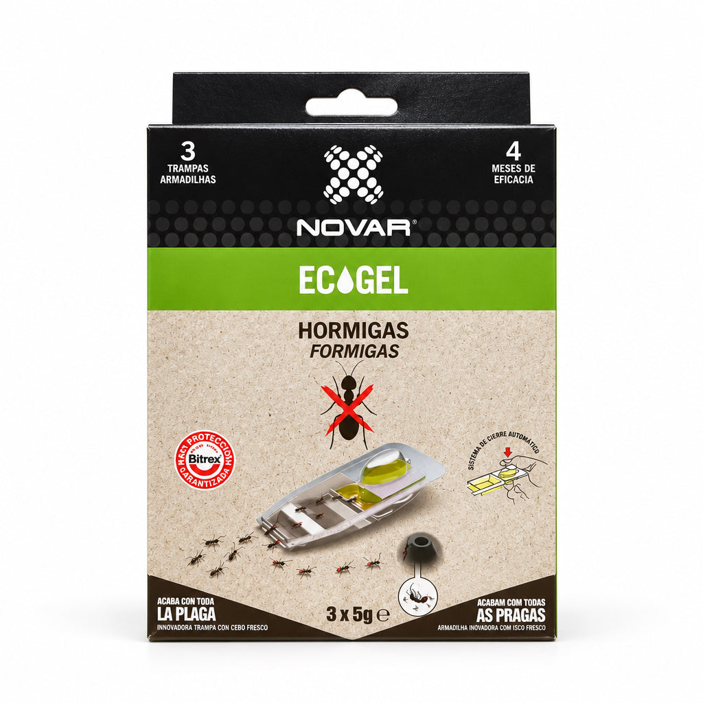 Novar Ecogel Trampas para Hormigas 3 Unidades de 5 g Con Cebo Fresco y Protección Bitrex 4 Meses de Eficacia 3x5g