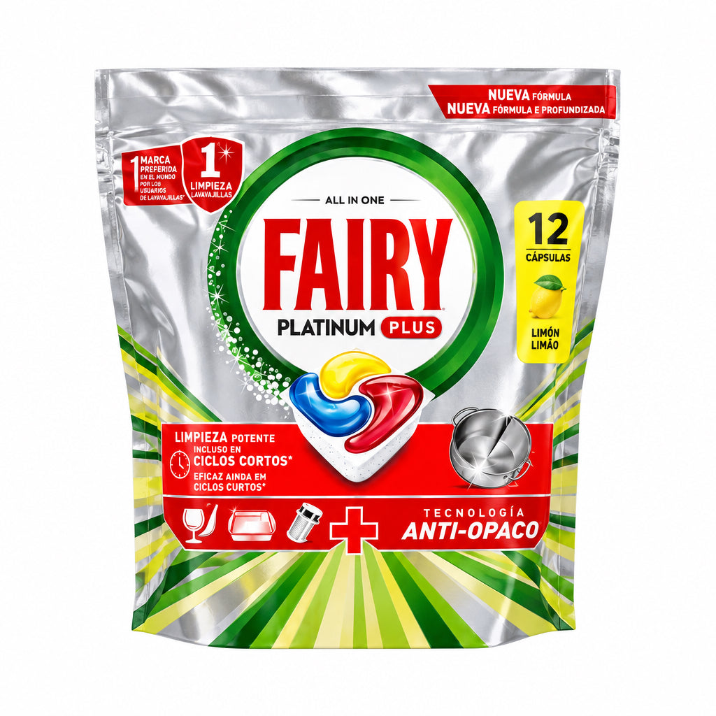 Fairy Platinum Plus Limón Cápsulas para Lavavajillas 12 Lavados Nueva Fórmula Tecnología Anti-Opaco