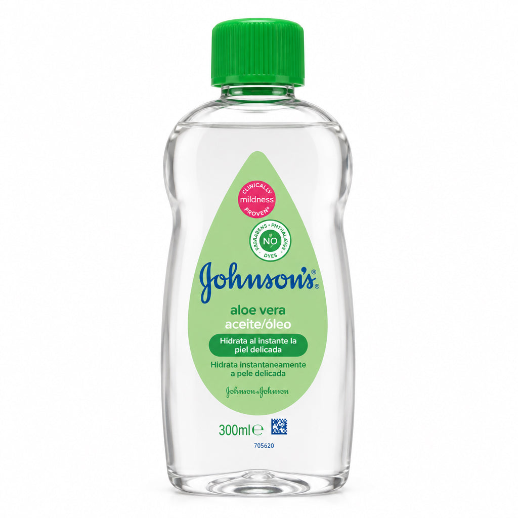 Johnson's Aceite Corporal con Aloe Vera Hidratación Instantánea Piel Delicada 300 ml 0% Colorantes y Parabenos