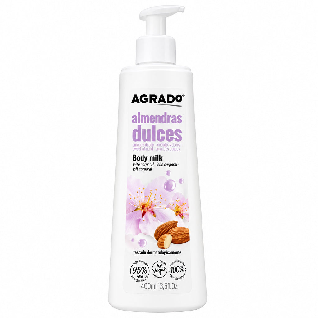 Agrado Leche Corporal Body Milk Almendras Dulces 400 ml Fórmula Vegana 95% Origen Natural Testado Dermatológicamente