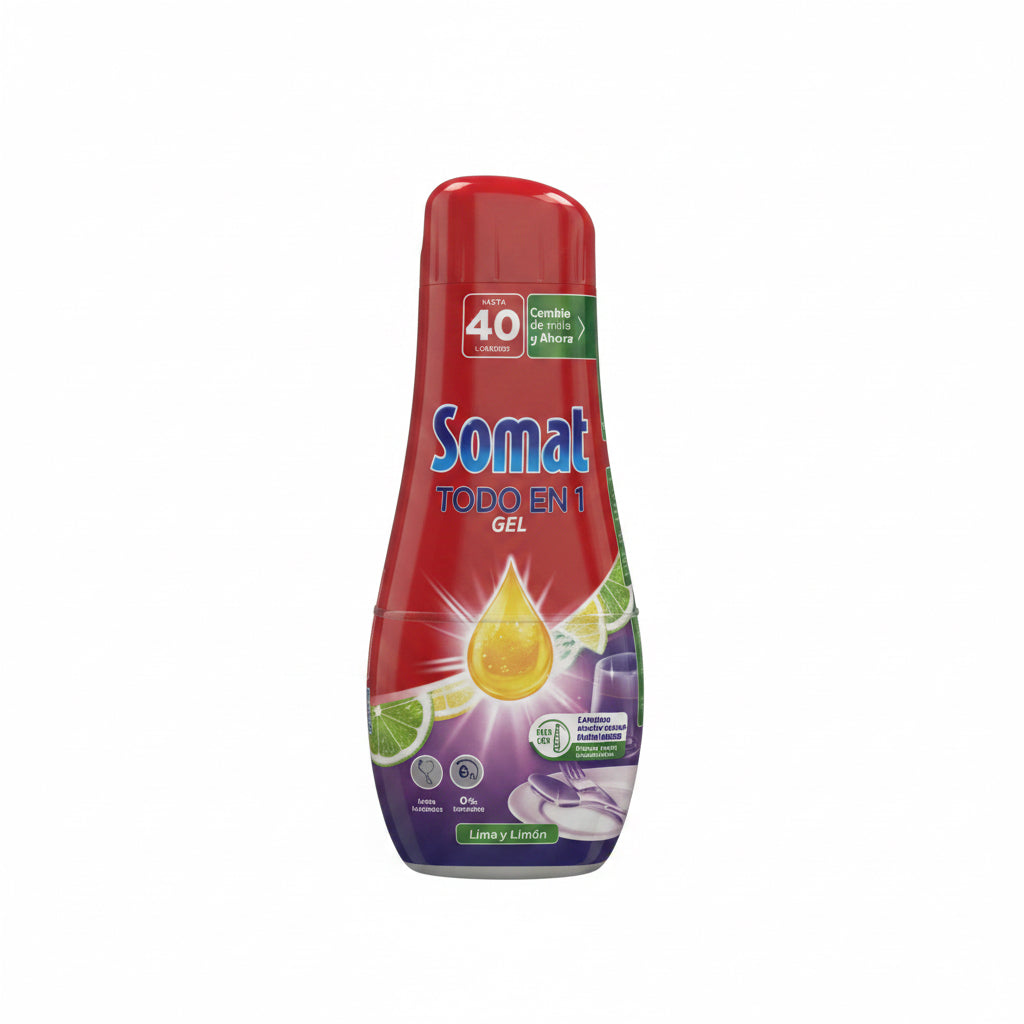 Detergente Gel para Lavavajillas Somat Todo en 1 Lima y Limón (40 Lavados) 640ml
