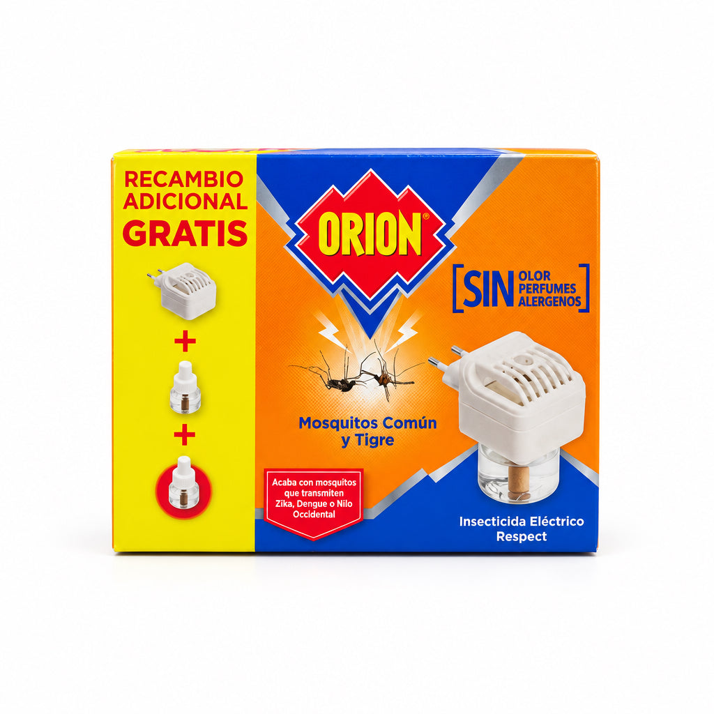 Orión Insecticida Eléctrico Respect Mosquitos Común y Tigre Sin Olor Recambio Adicional Gratis 2 recambios