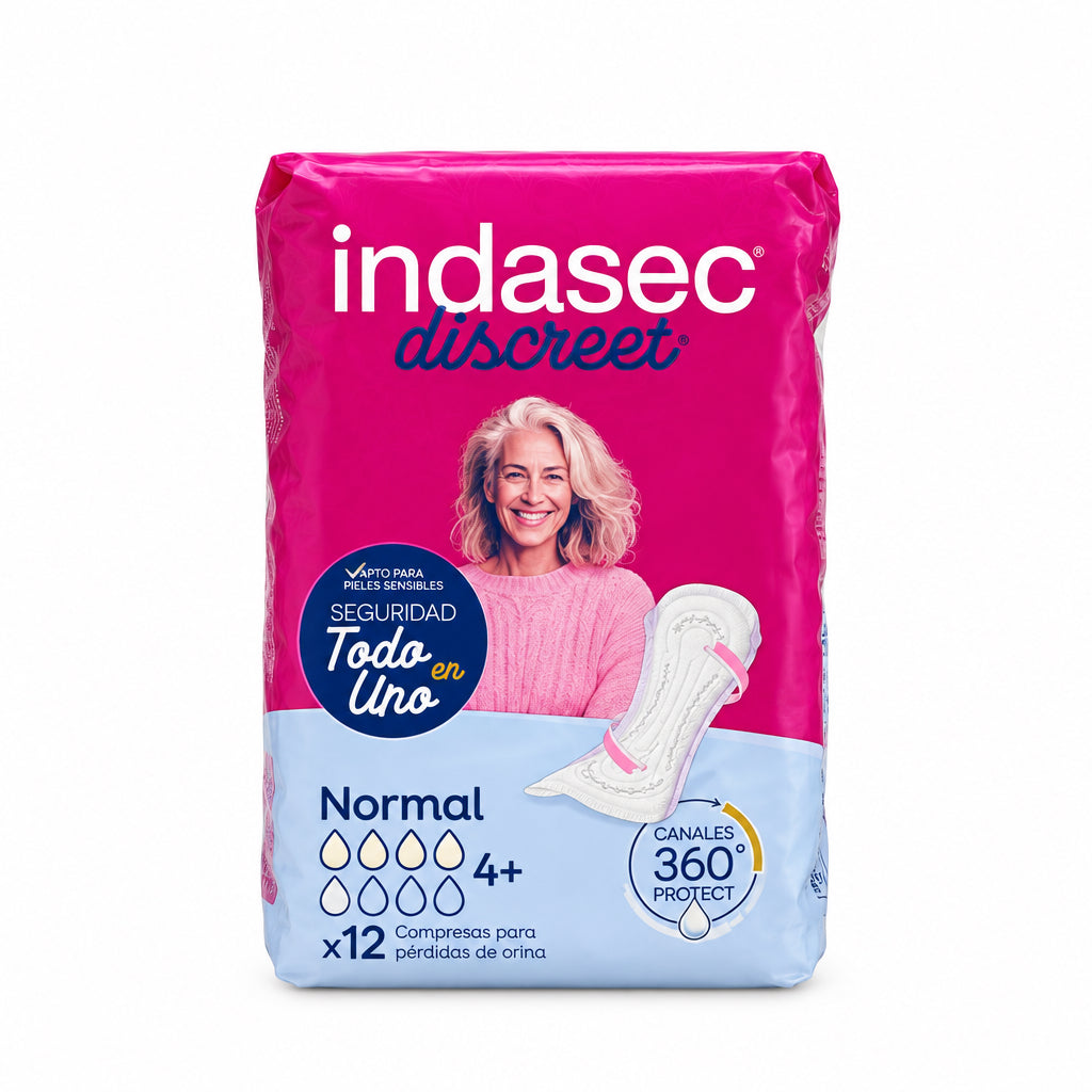 Indasec Discreet Compresas para Pérdidas de Orina Normal Todo en Uno Canales 360° Protect 12 Unidades