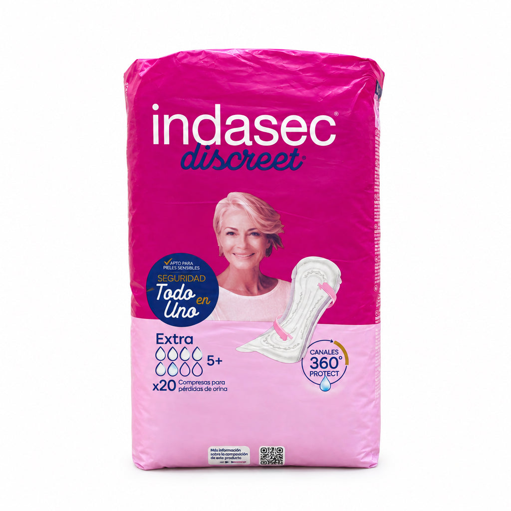 Indasec Discreet Compresas para Pérdidas de Orina Extra Todo en Uno Canales 360° Protect 20 Unidades