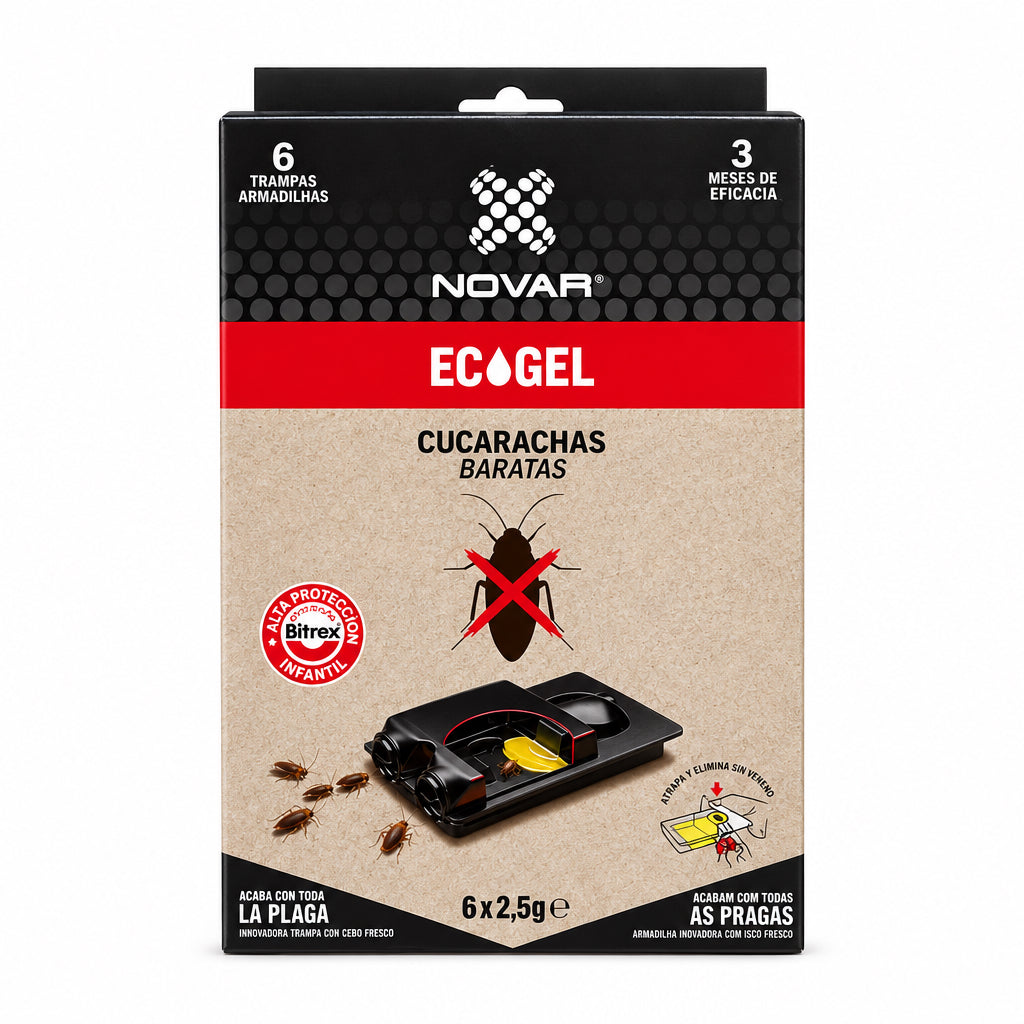 Novar Ecogel Trampas para Cucarachas y Baratas 6 Unidades de 2,5 g Con Cebo Fresco y Protección Bitrex 6x2,5g