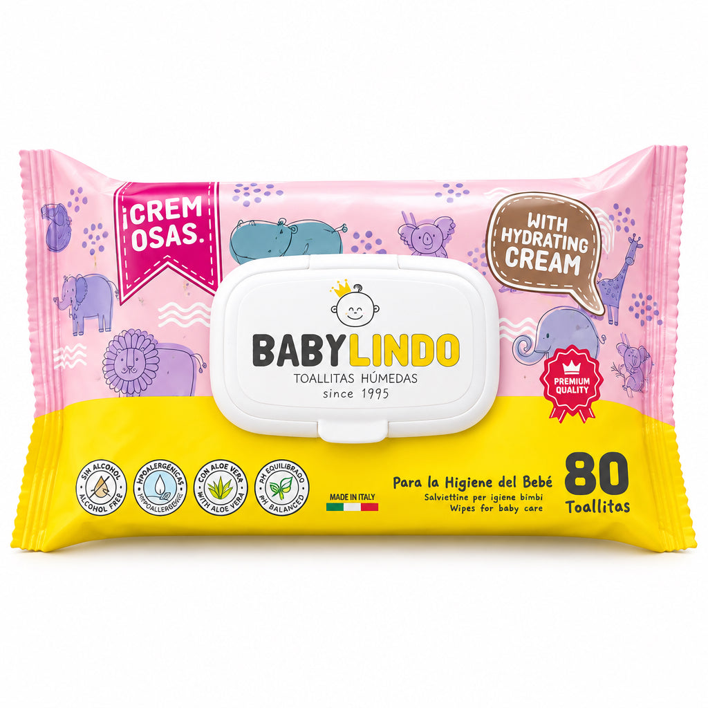 Babylindo Toallitas Húmedas con Crema Hidratante para la Higiene del Bebé 80 Unidades Hipoalergénicas con Aloe Vera y pH Equilibrado