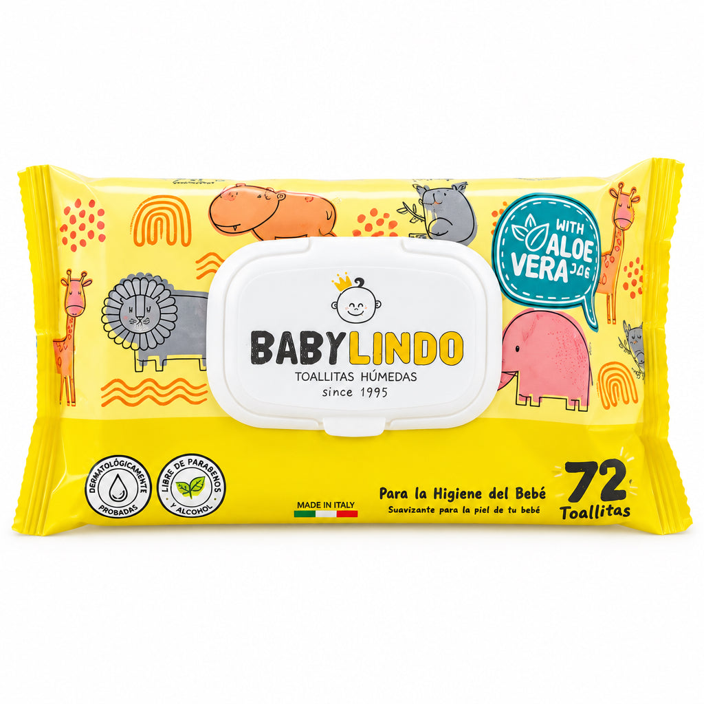 Babylindo Toallitas Húmedas con Aloe Vera para la Higiene del Bebé 72 Unidades Dermatológicamente Probadas Libre de Parabenos y Alcohol