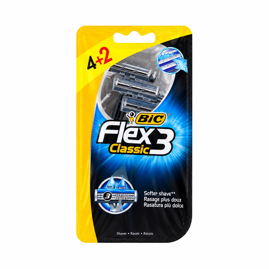 BiC Flex 3 Classic Maquinillas de Afeitado Desechables 4 + 2 Unidades Gratis 3 Hojas Flexibles con Vitamina E y Aloe