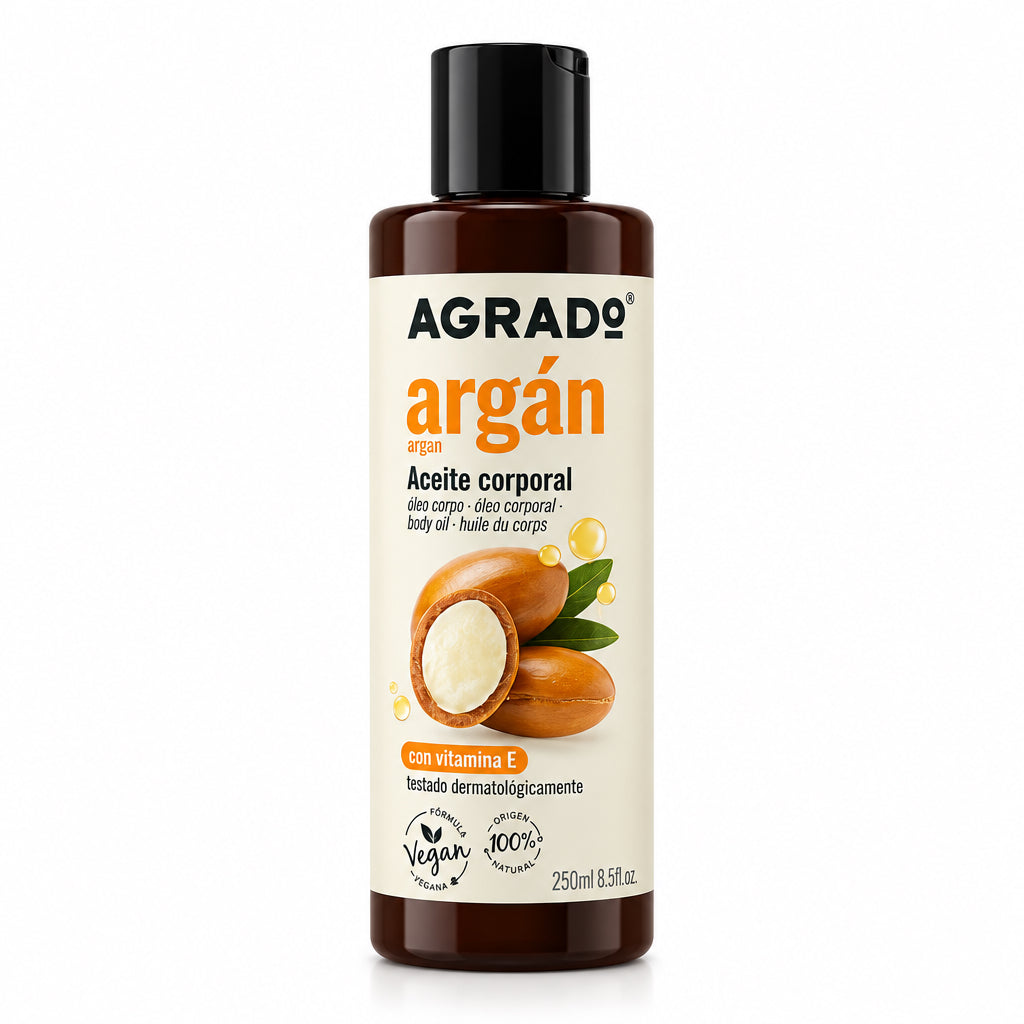 Agrado Aceite Corporal de Argán con Vitamina E 250 ml 100% Origen Natural Fórmula Vegana Testado Dermatológicamente 250ml