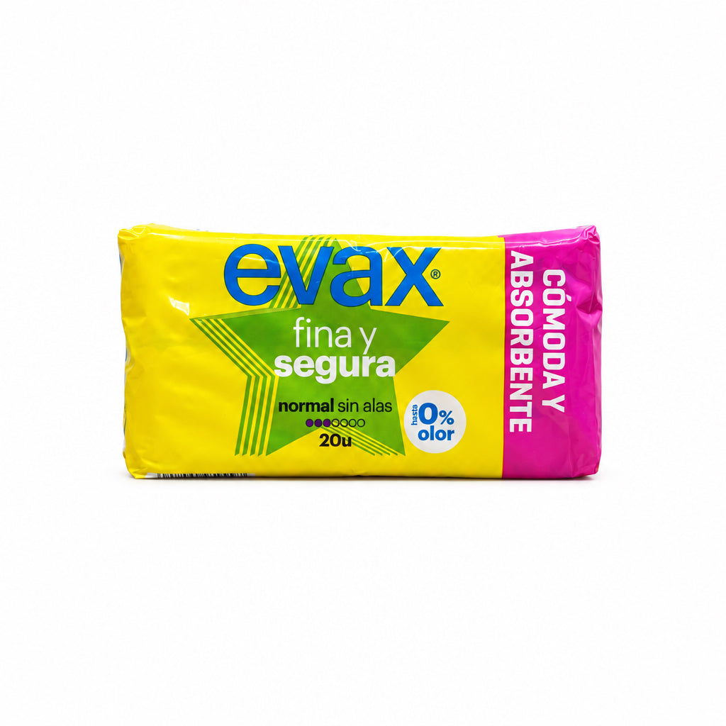 Evax Fina y Segura Compresas Normal Sin Alas Absorbente, Cómoda y 0% Olor 20 Unidades