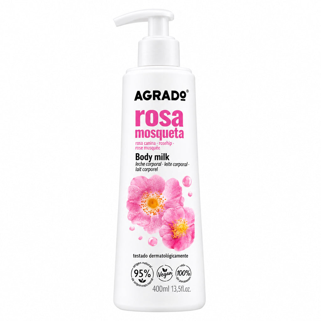 Agrado Leche Corporal Body Milk Rosa Mosqueta 400 ml Fórmula Vegana 95% Origen Natural Testado Dermatológicamente