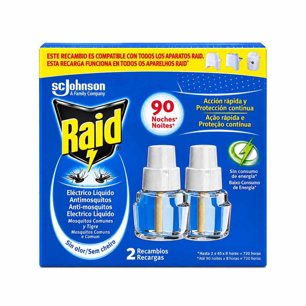 Raid Eléctrico Líquido Antimosquitos Mosquitos Comunes y Tigre Sin Olor 2 Recambios 90 Noches
