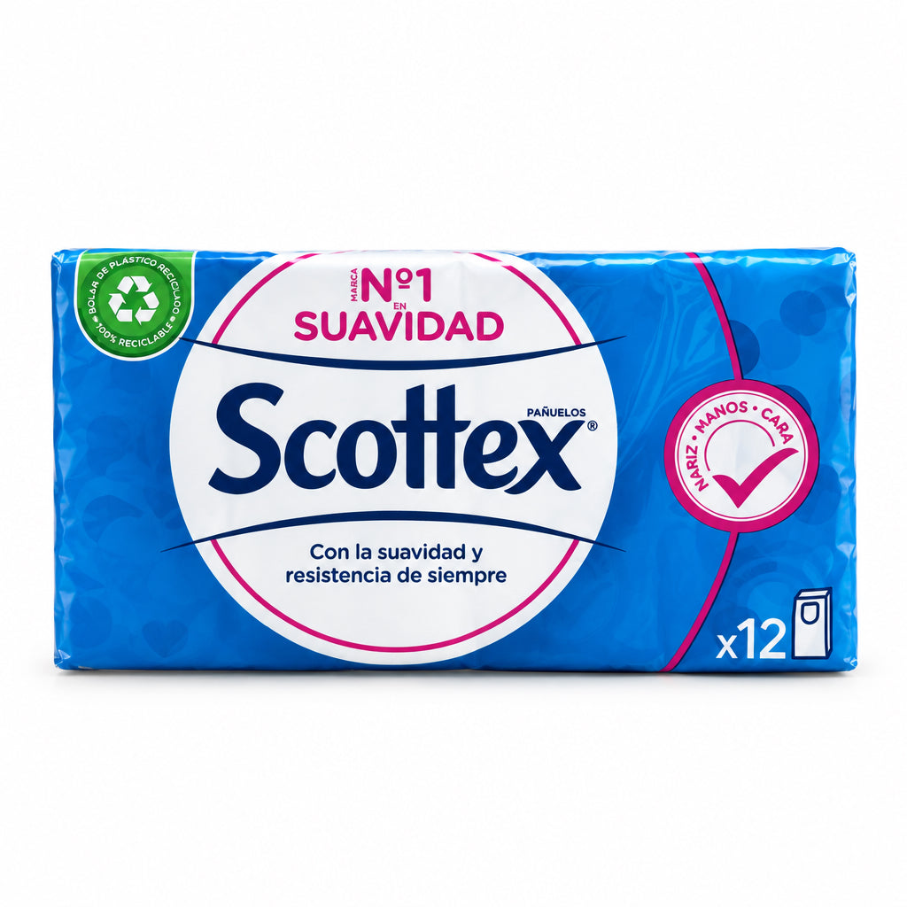 Scottex Pañuelos Pack de 12 Paquetes Suavidad y Resistencia para Nariz, Manos y Cara