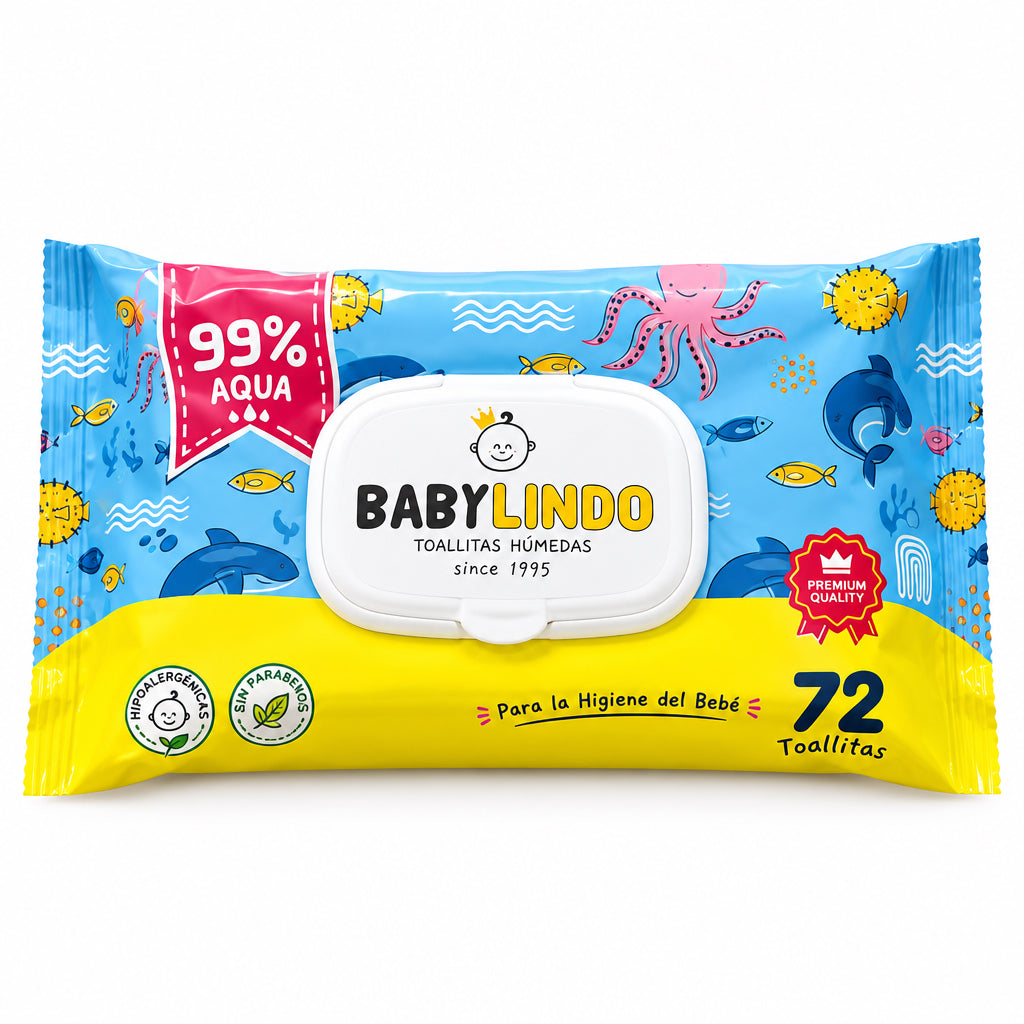 Babylindo Toallitas Húmedas para la Higiene del Bebé 99% Aqua 72 Unidades Hipoalergénicas Sin Parabenos