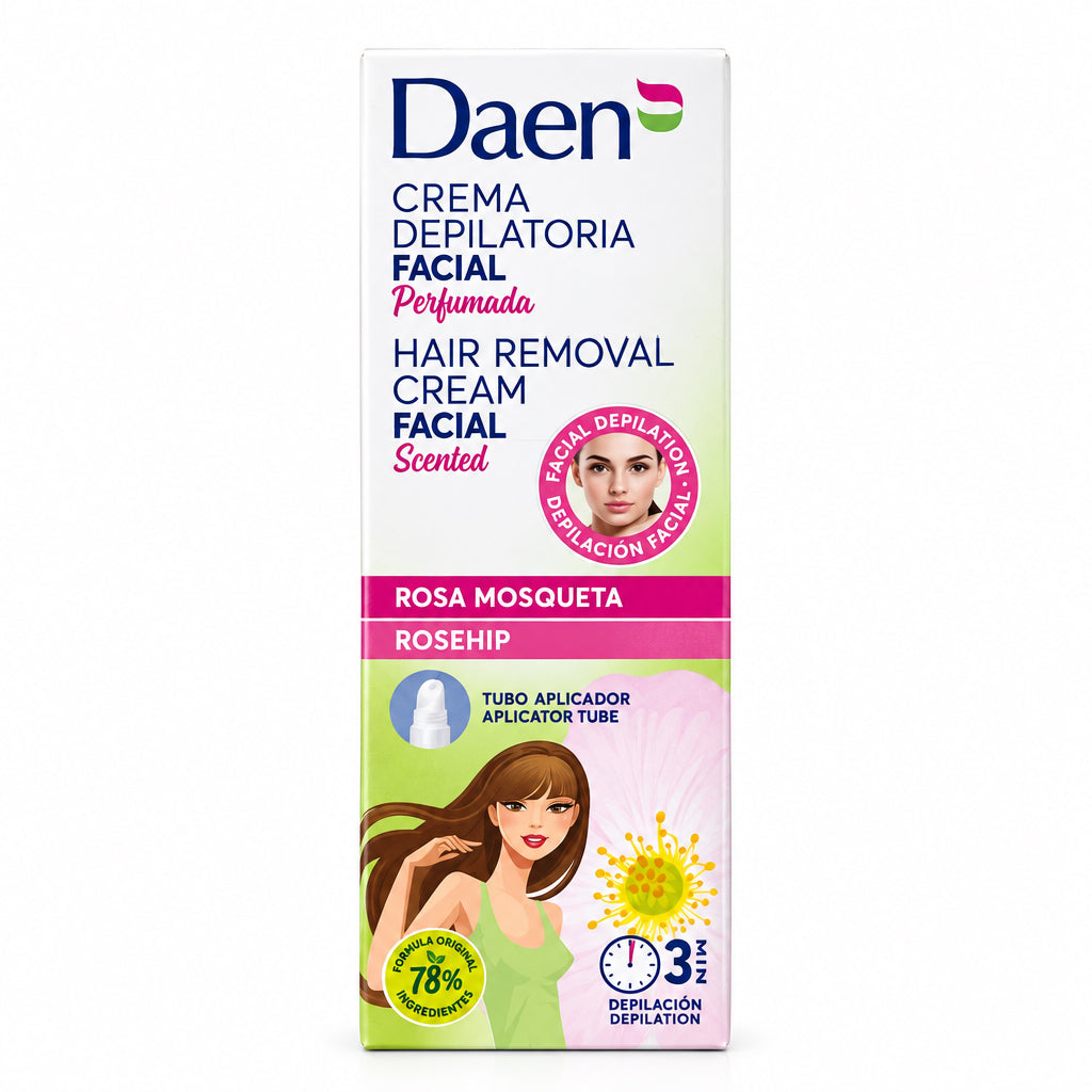 Crema Depilatoria Facial Perfumada con Rosa Mosqueta y Tubo Aplicador Daen 15ml