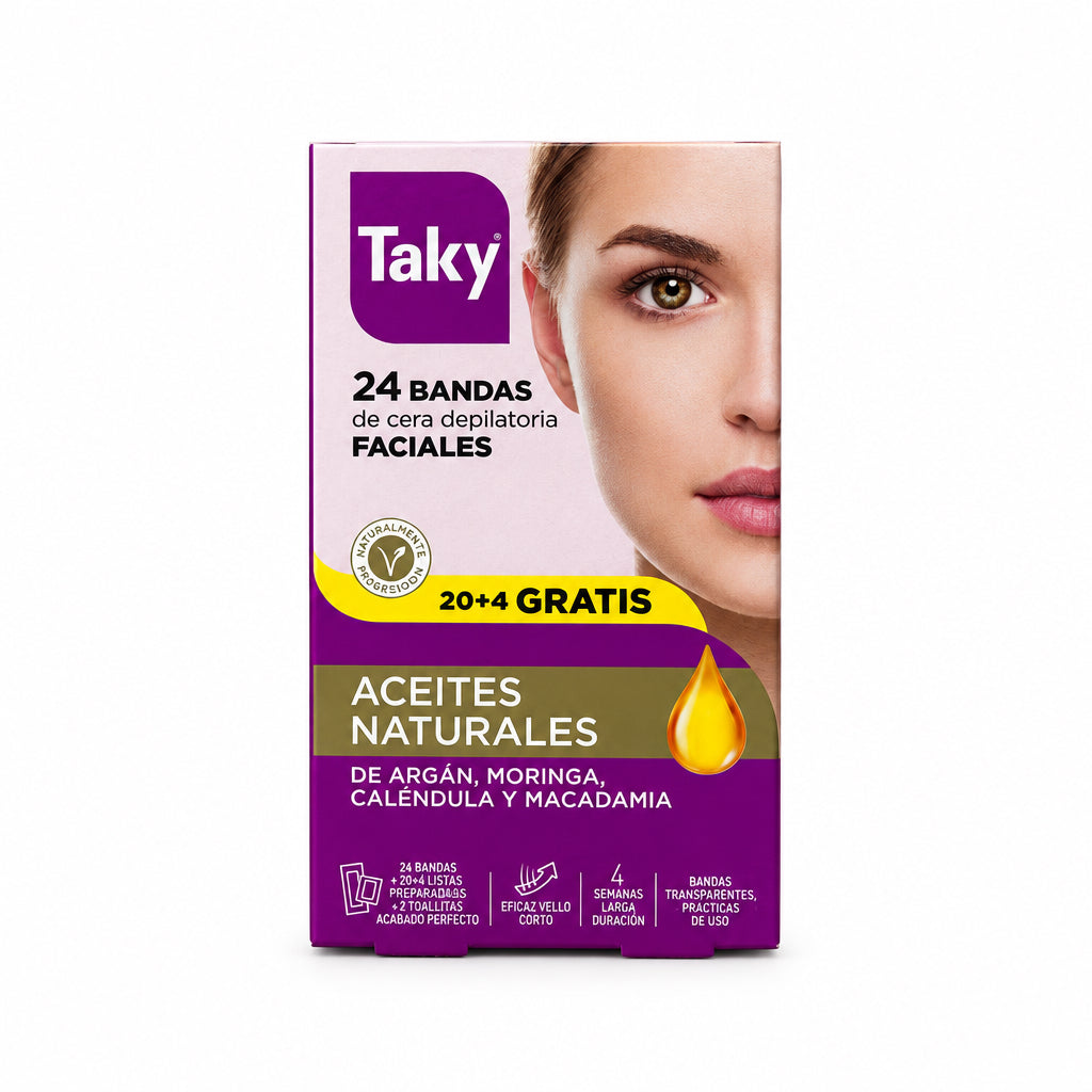 Taky 24 Bandas de Cera Depilatoria Faciales Aceites Naturales de Argán, Moringa, Caléndula y Macadamia