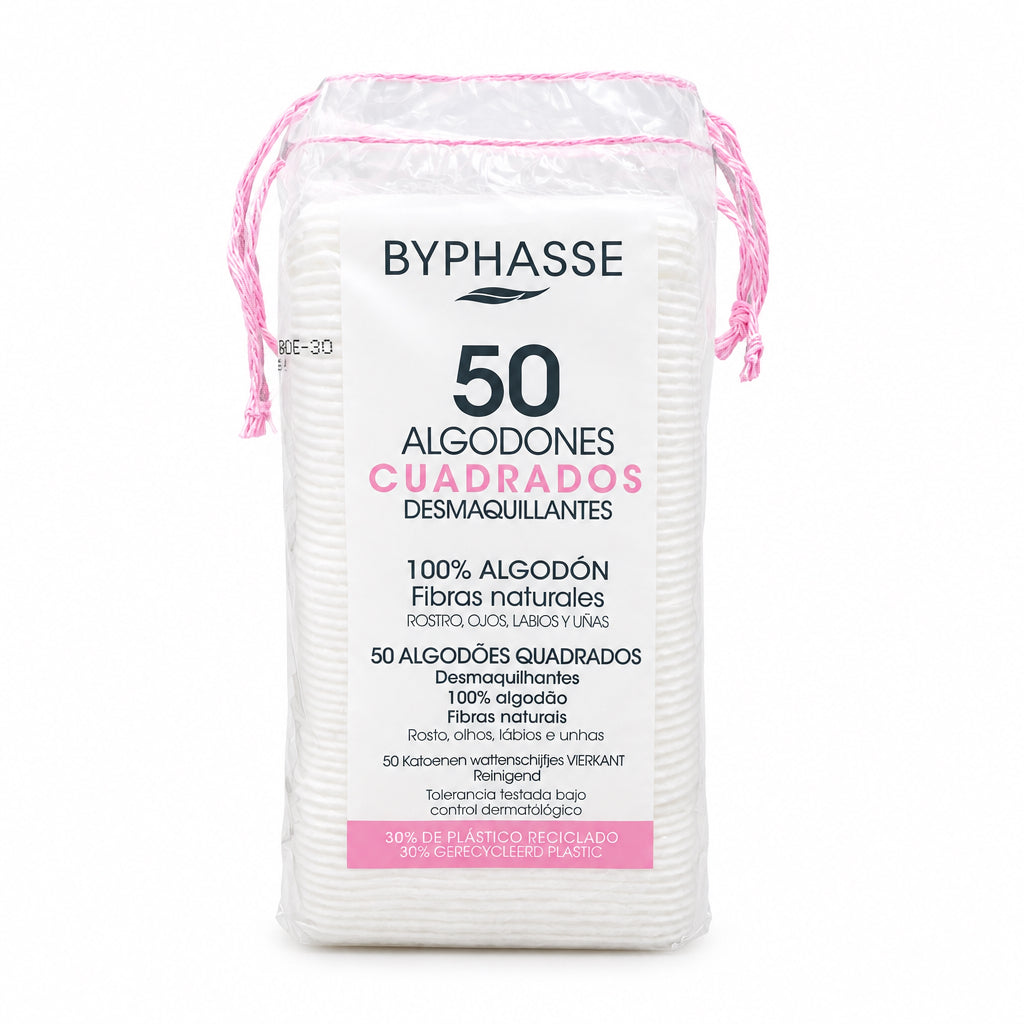 Byphasse Algodones Cuadrados Desmaquillantes 100% Algodón Fibras Naturales 50 Unidades