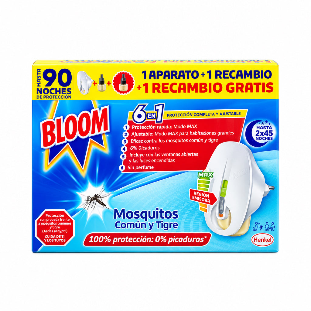 Bloom Eléctrico Líquido Mosquitos Común y Tigre 6 en 1 Hasta 90 Noches 1 Aparato + 1 Recambio + 1 Recambio Gratis