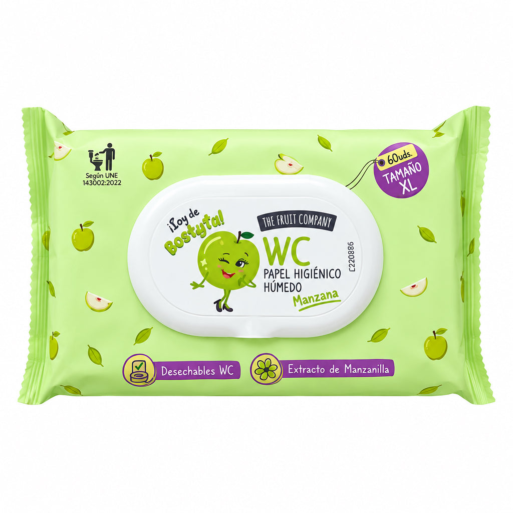 The Fruit Company Papel Higiénico Húmedo WC Manzana Extracto de Manzanilla Tamaño XL Desechable 60u