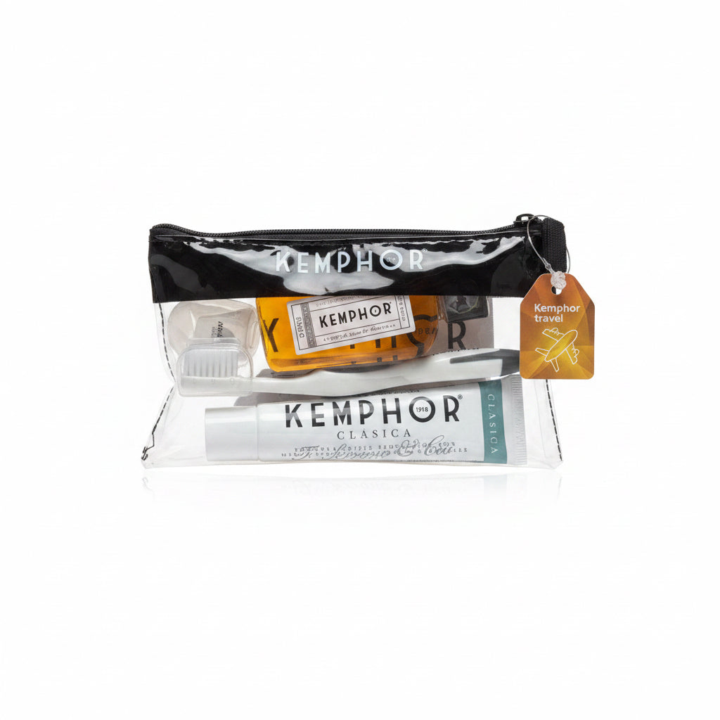 Set de Viaje Dental Kemphor Travel – Neceser con Pasta Clásica, Cepillo, hilo dental y Elixir Bucal