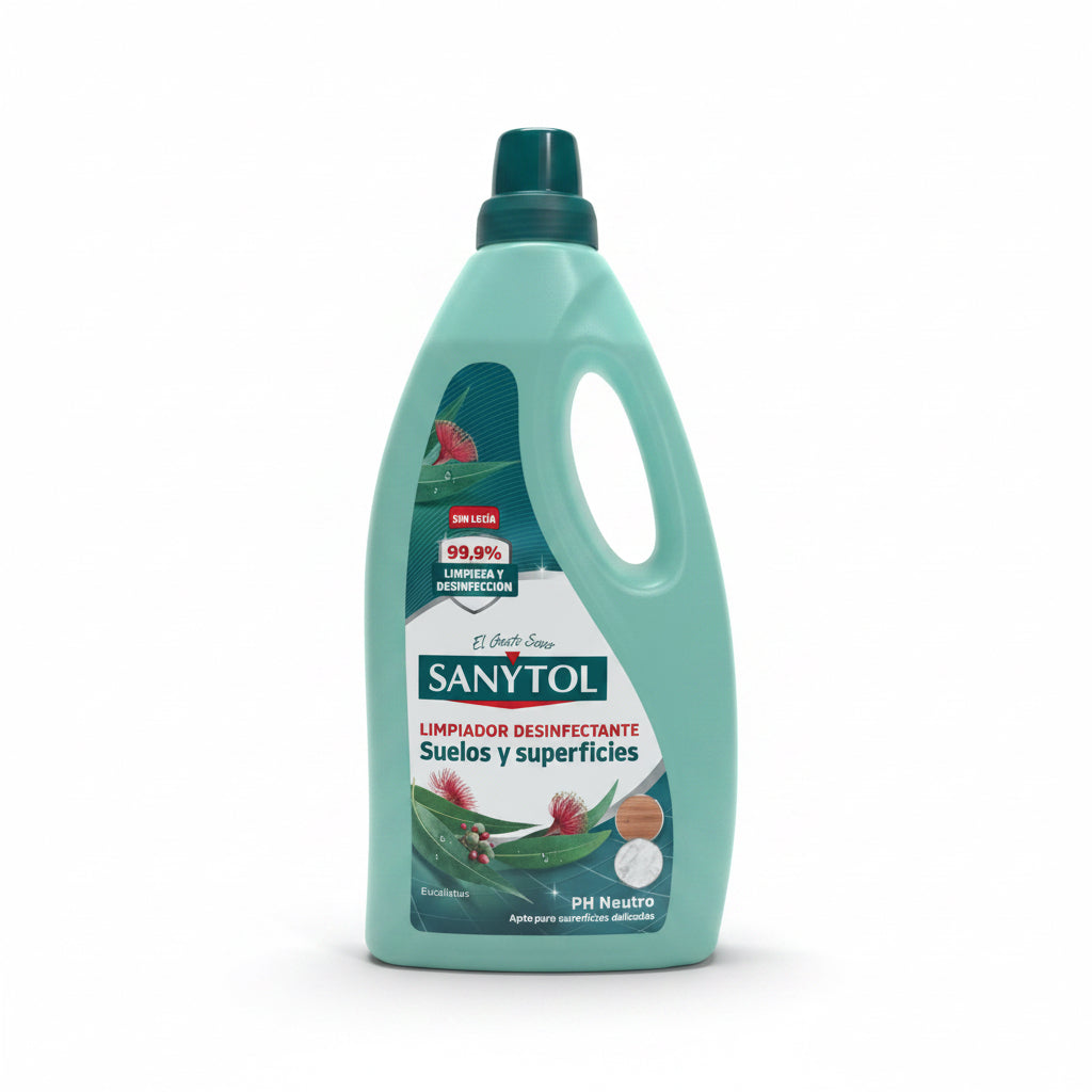 Fregasuelos Desinfectante Sanytol Suelos y Superficies – Sin Lejía, pH Neutro, Aroma Eucaliptus (Elimina 99,9% Germenes) 1200ml