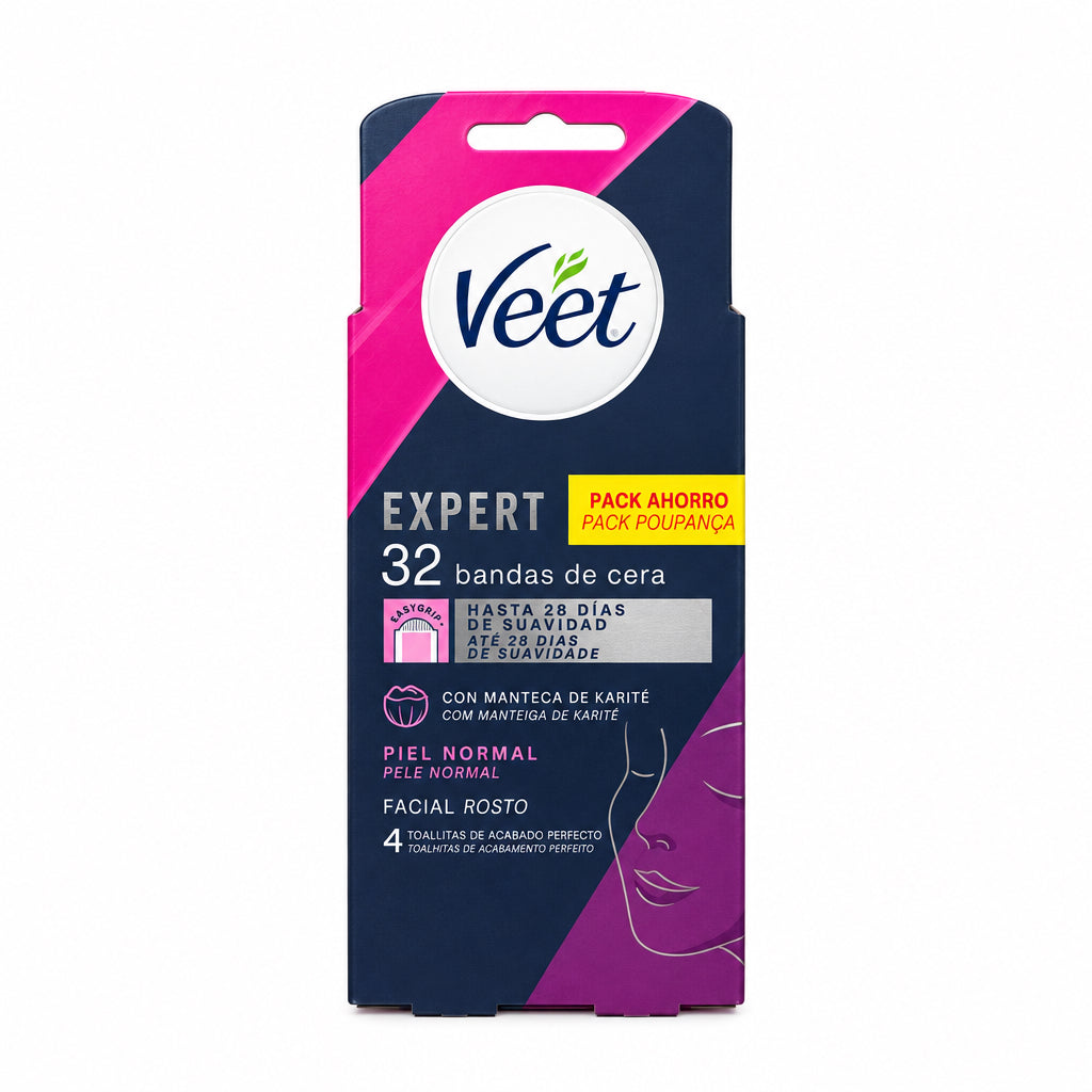 Veet Pack Ahorro 32 Bandas de Cera Expert Facial Rostro Piel Normal Con Manteca de Karité