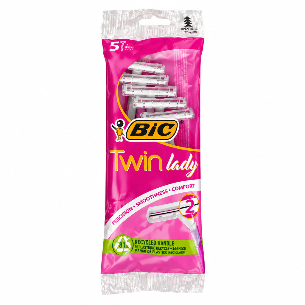 BiC Twin Lady Maquinillas de Afeitado Desechables 5 Unidades 2 Hojas Mango de Plástico Reciclado Precisión y Confort