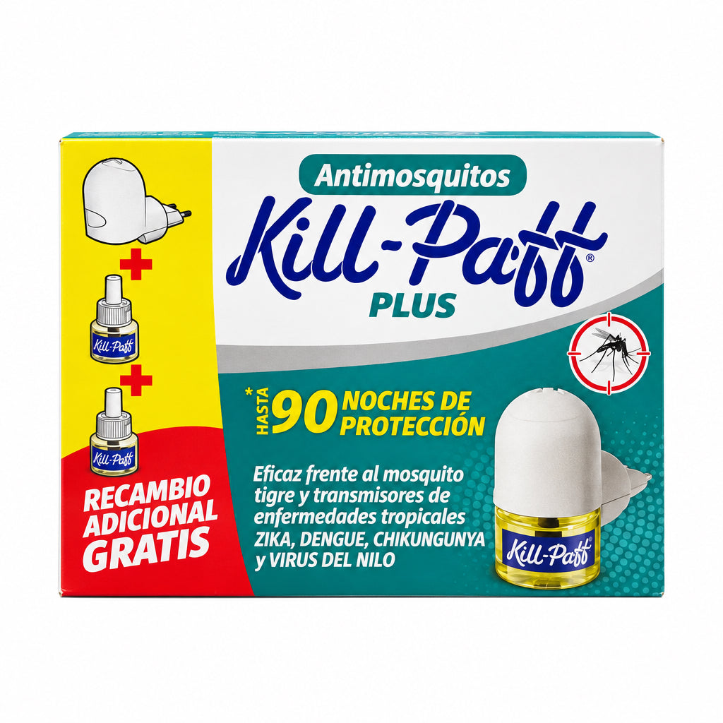 Kill-Paff Plus Antimosquitos Aparato con Recambio + Recambio Adicional Gratis Hasta 90 Noches
