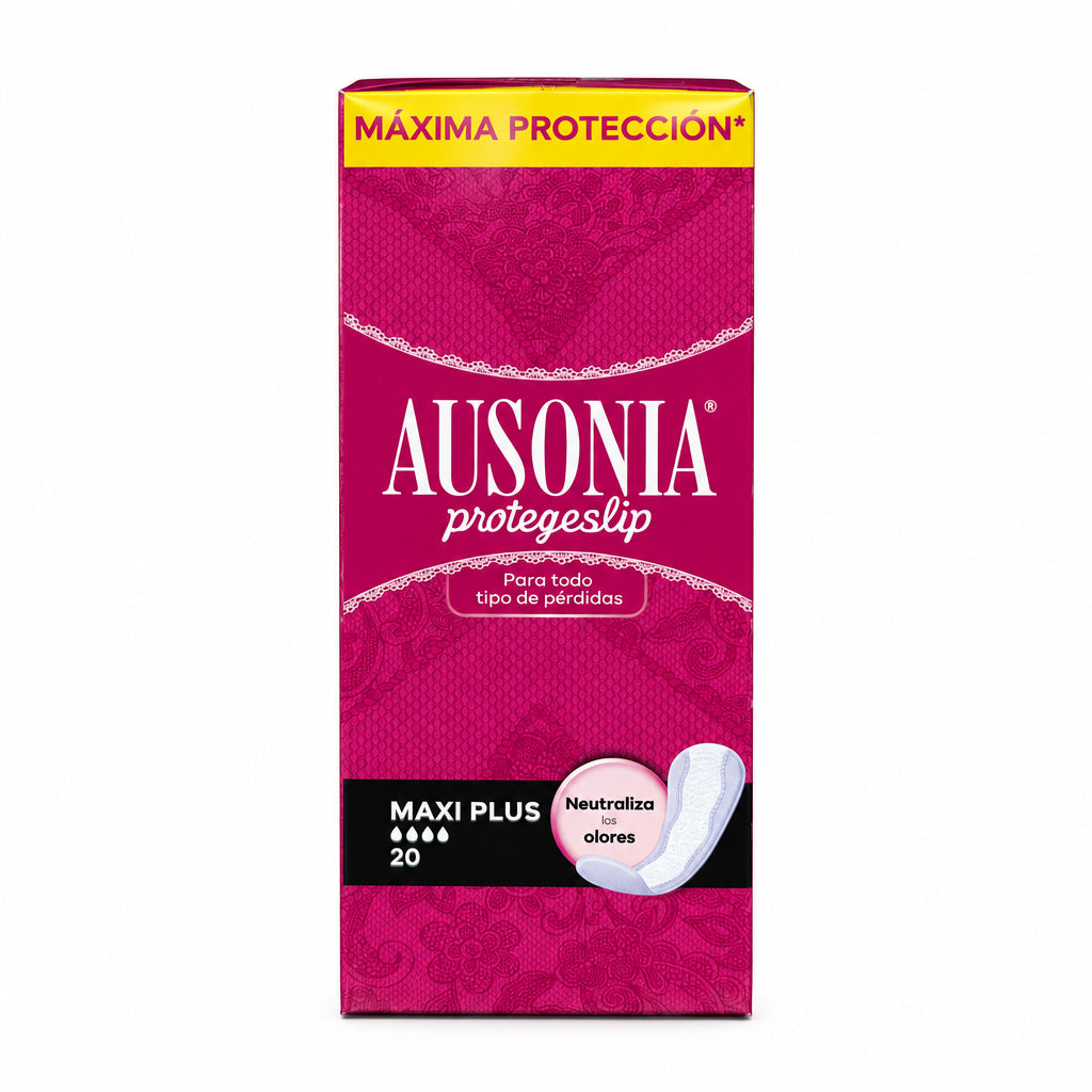 Ausonia Protegeslip Máxima Protección Maxi Plus Para Todo Tipo de Pérdidas Neutraliza los Olores 20 Unidades