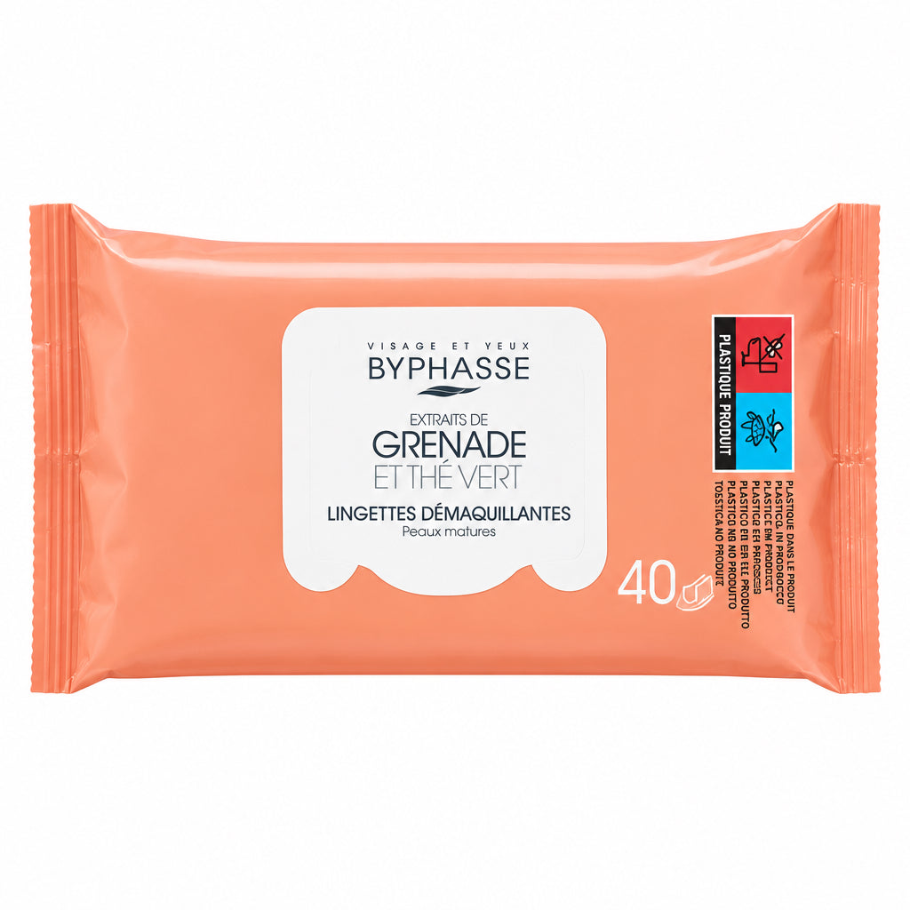 Byphasse Lingettes Démaquillantes Extraits de Grenade et Thé Vert 40 Unidades Toallitas Desmaquillantes para Pieles Maduras