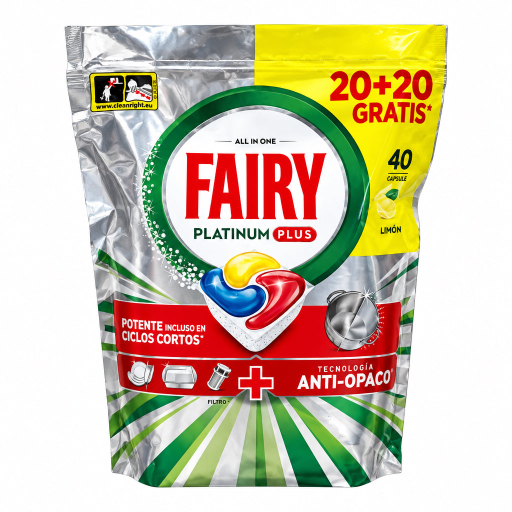 Fairy Platinum Plus Limón Cápsulas para Lavavajillas 40 Lavados 20+20 Gratis Tecnología Anti-Opaco