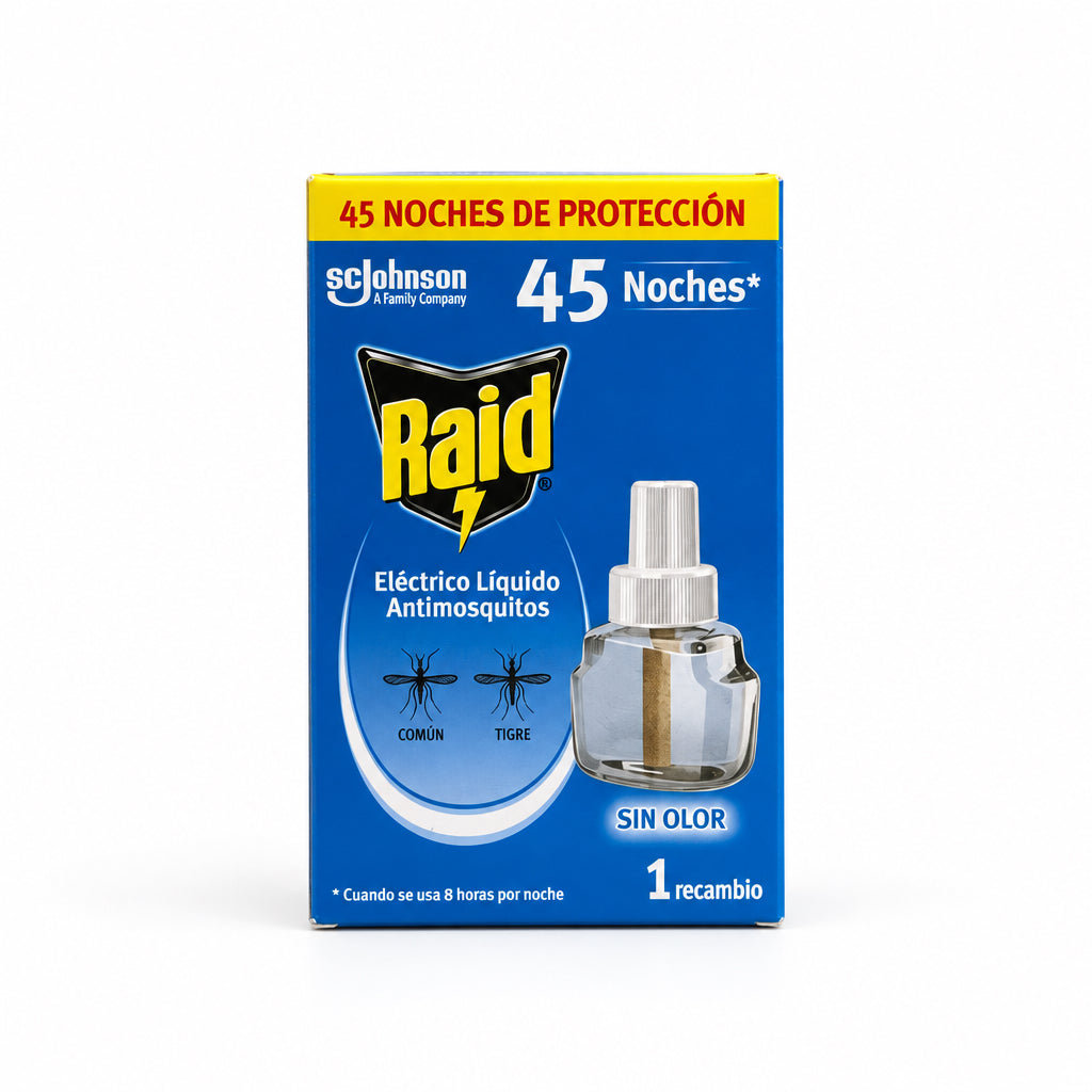 Raid Eléctrico Líquido Antimosquitos Común y Tigre Sin Olor 45 Noches 1 Recambio