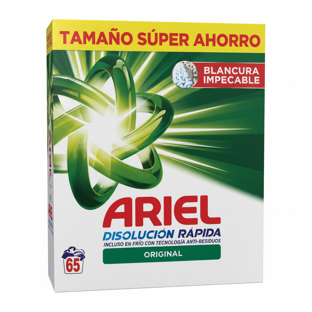 Detergente en Polvo Ariel Disolución Rápida Original – Tamaño Súper Ahorro 65 Lavados