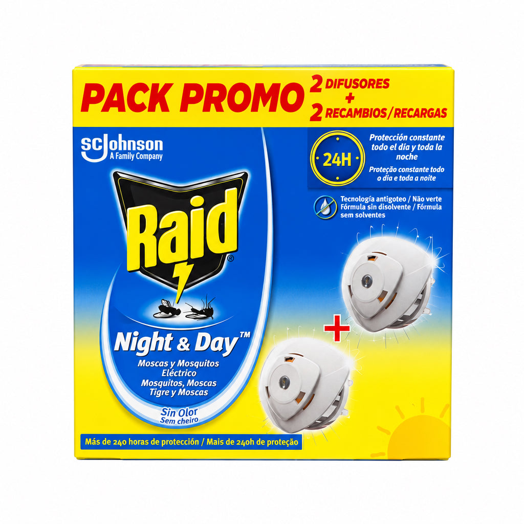 Raid Night & Day Pack Promo 2 Difusores + 2 Recambios Sin Olor Más de 240 Horas de Protección 2x2.25g