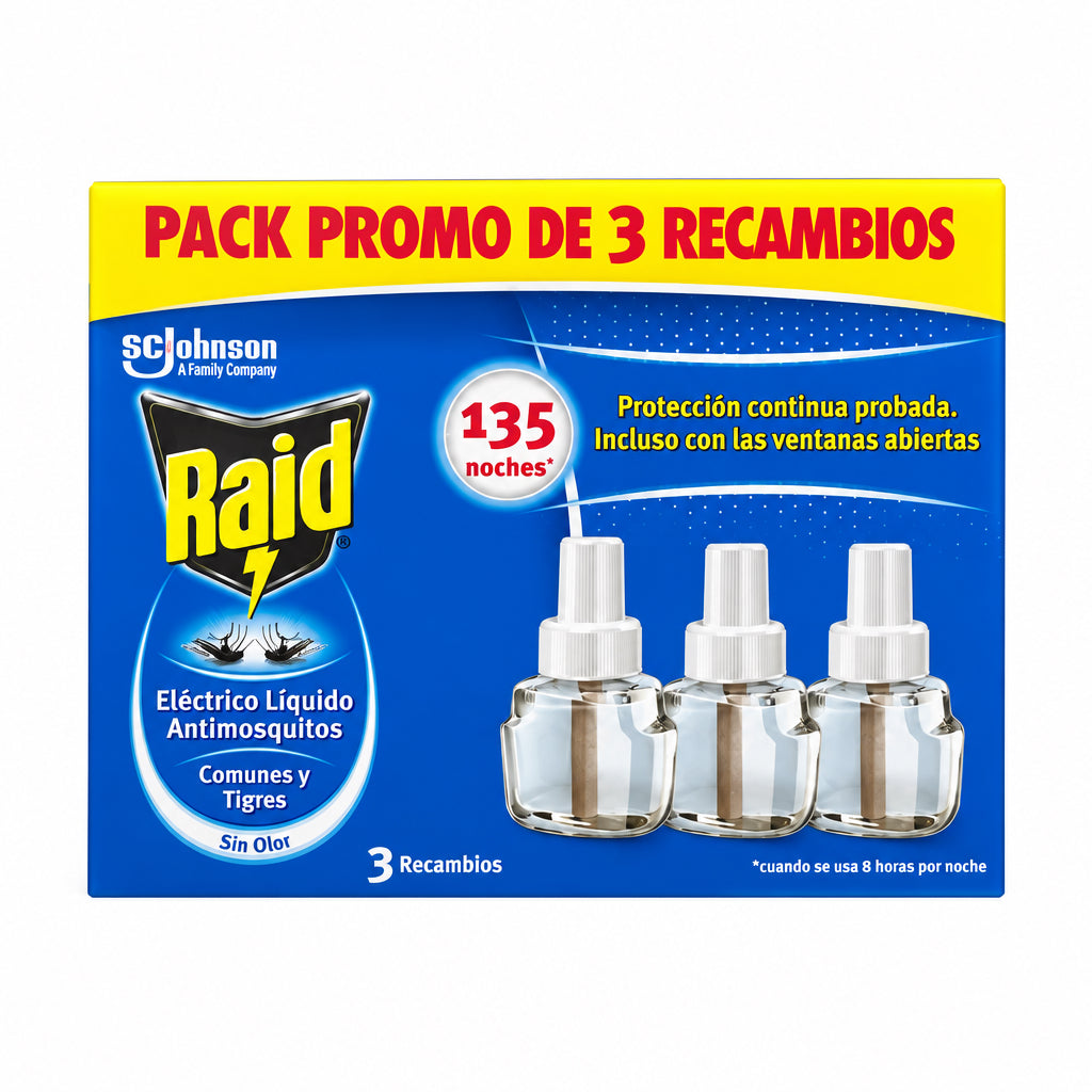 Raid Pack Promo 3 Recambios Eléctrico Líquido Antimosquitos Comunes y Tigres Sin Olor 135 Noches 3x27ml