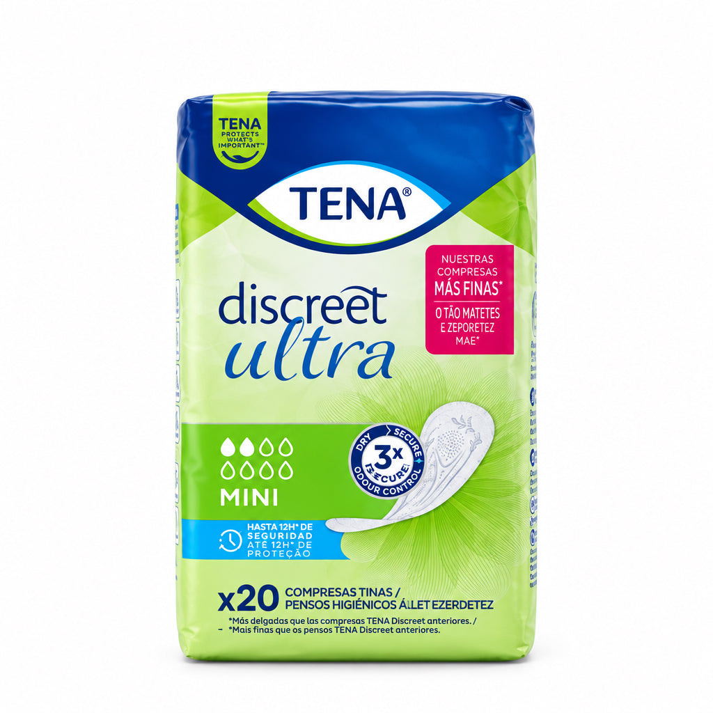 Tena Discreet Ultra Mini Compresas Más Finas Hasta 12H de Seguridad 20 Unidades
