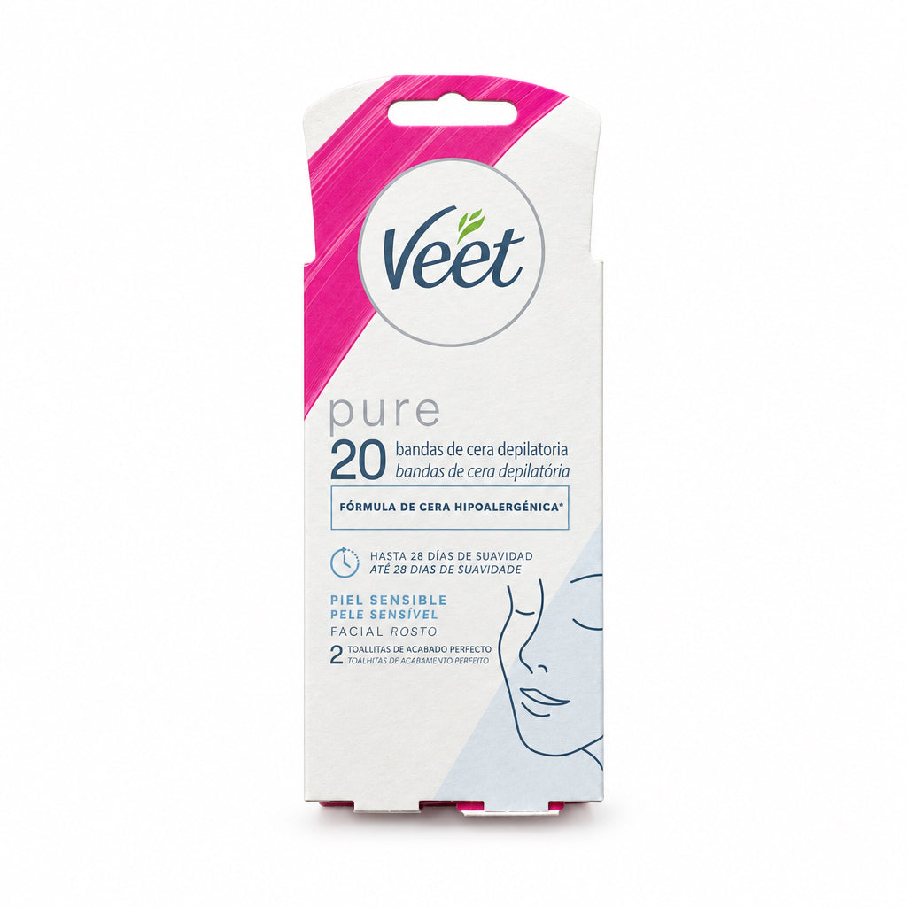 Veet 20 Bandas de Cera Depilatoria Pure Piel Sensible Facial Rostro