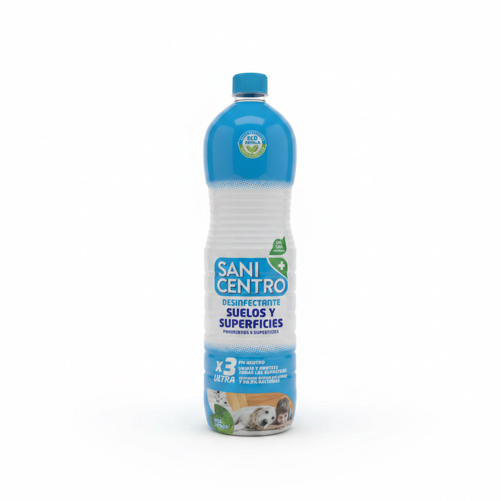 Fregasuelos Desinfectante Sani Centro x3 Ultra Suelos y Superficies – Sin Lejía, pH Neutro (Elimina 99,9% Bacterias) 1,5L