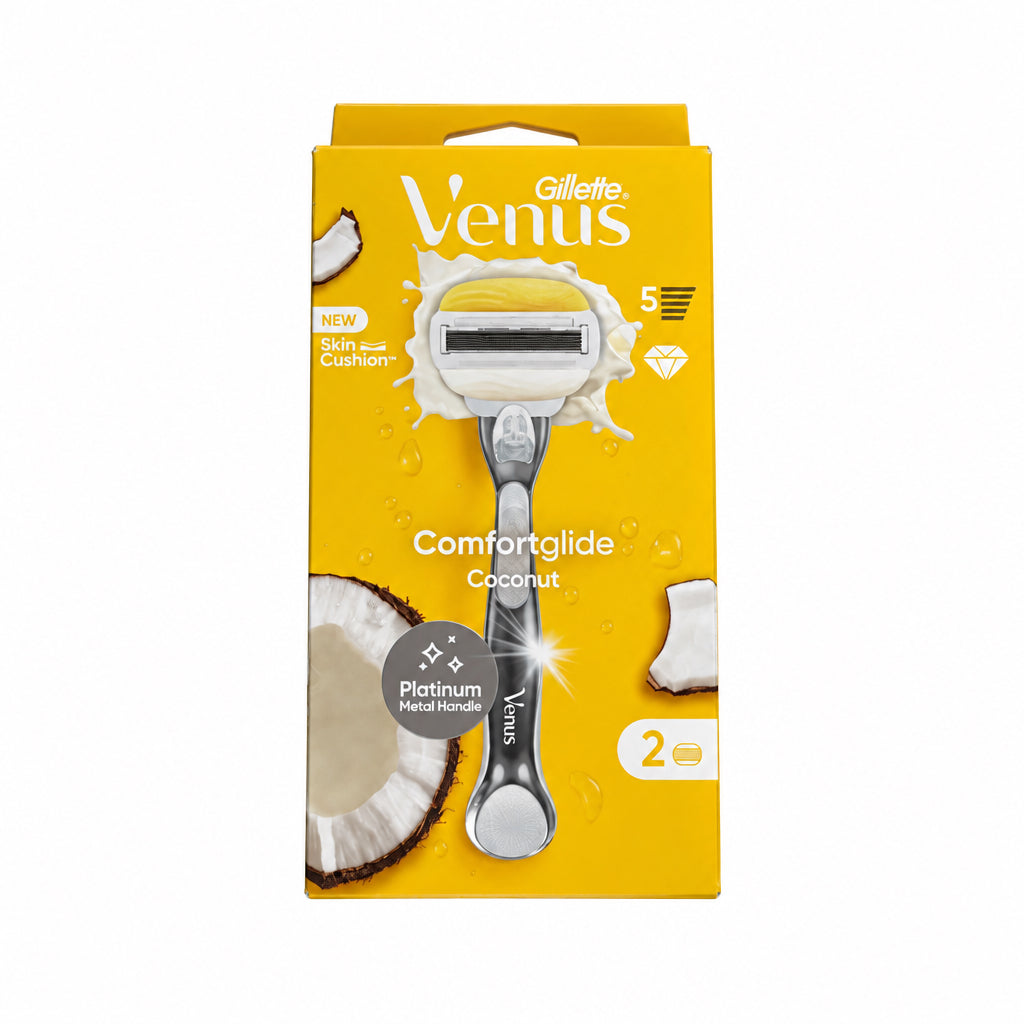 Gillette Venus Comfortglide Coconut Maquinilla de Afeitado Recargable 1 Mango Metalizado + 2 Recambios 5 Hojas Barritas de Gel con Aroma a Coco