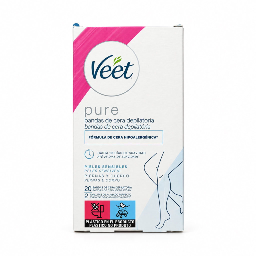 Veet 20 Bandas de Cera Depilatoria Pure Pieles Sensibles Piernas y Cuerpo