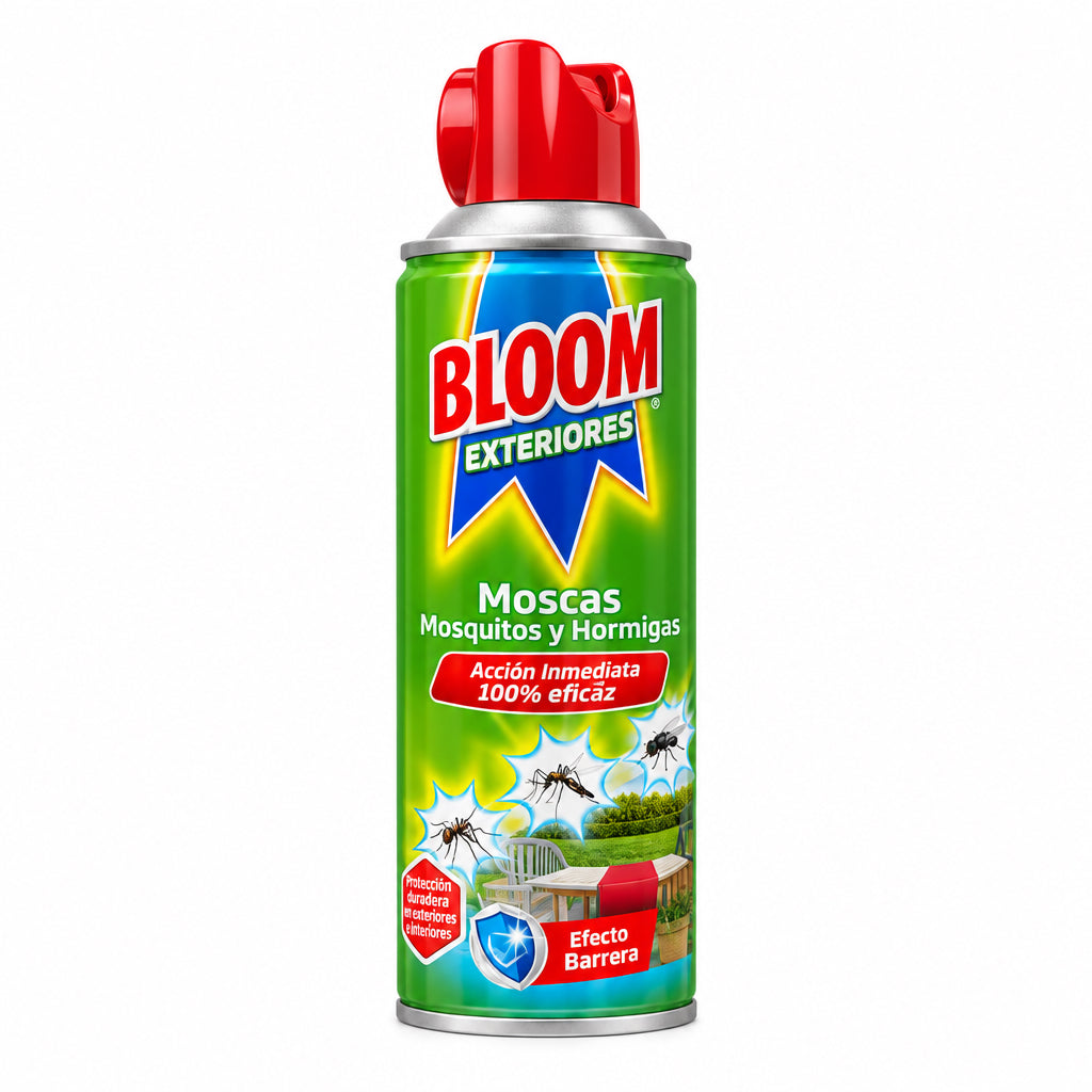 Bloom Exteriores Insecticida Aerosol Moscas, Mosquitos y Hormigas 100% Eficaz con Efecto Barrera 400ml